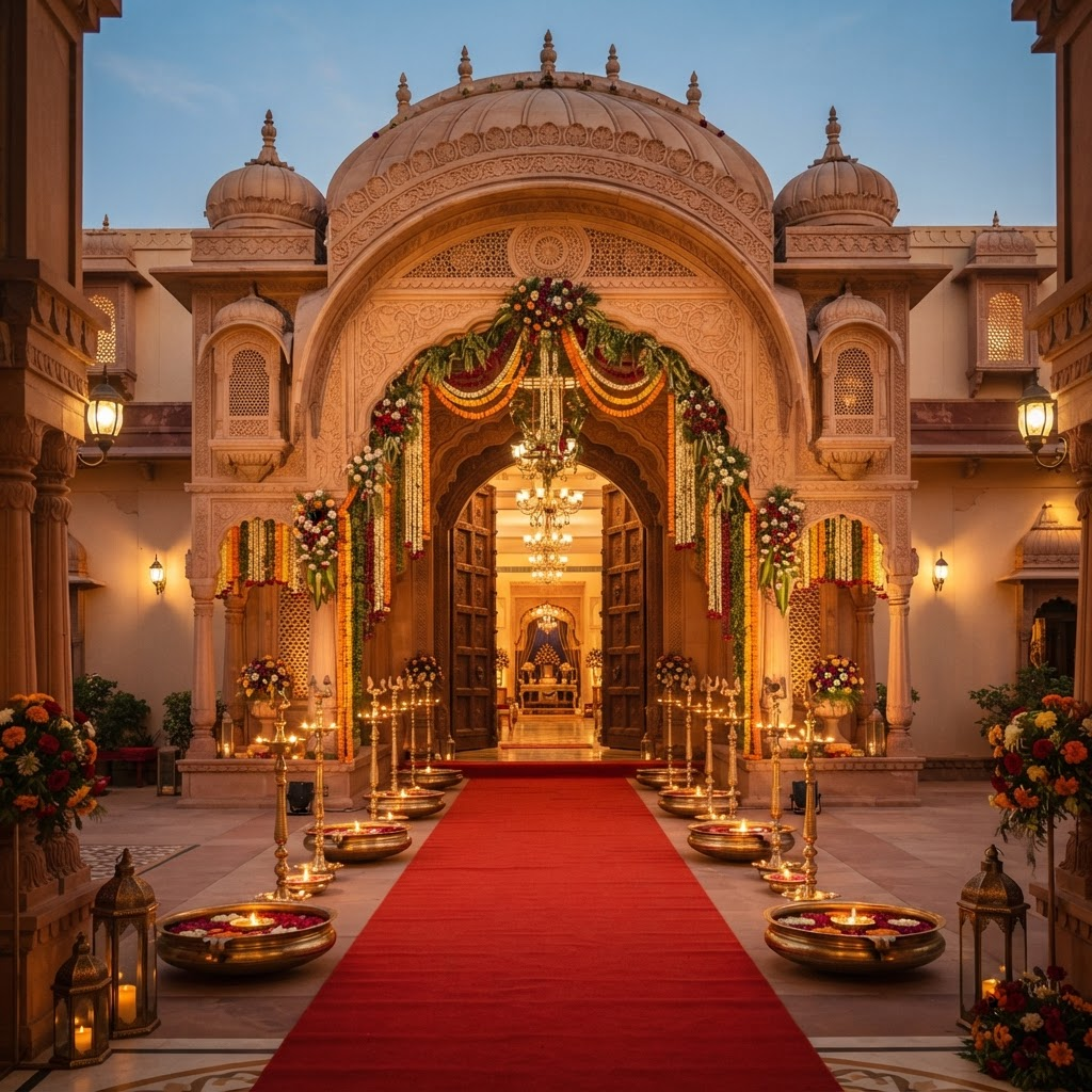 Ornate marigold-draped entrance archway of Patel Function Hall