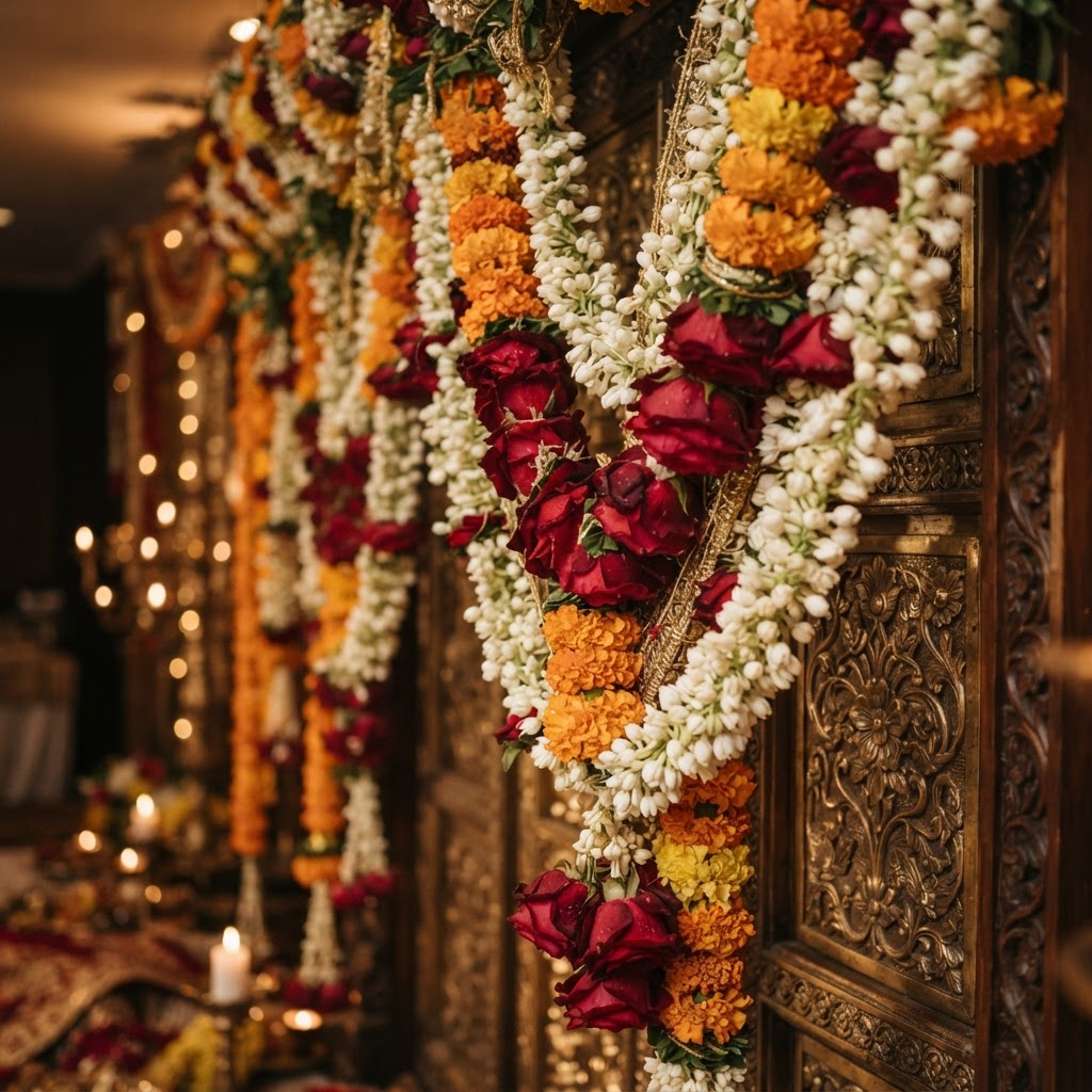 Detail of marigold and rose floral decoration