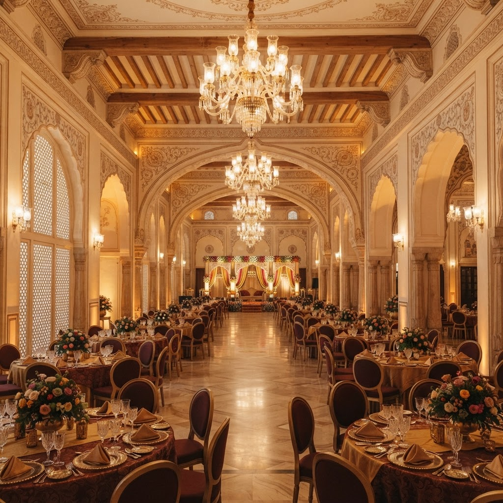Grand banquet hall interior with chandeliers and elegant dining setup