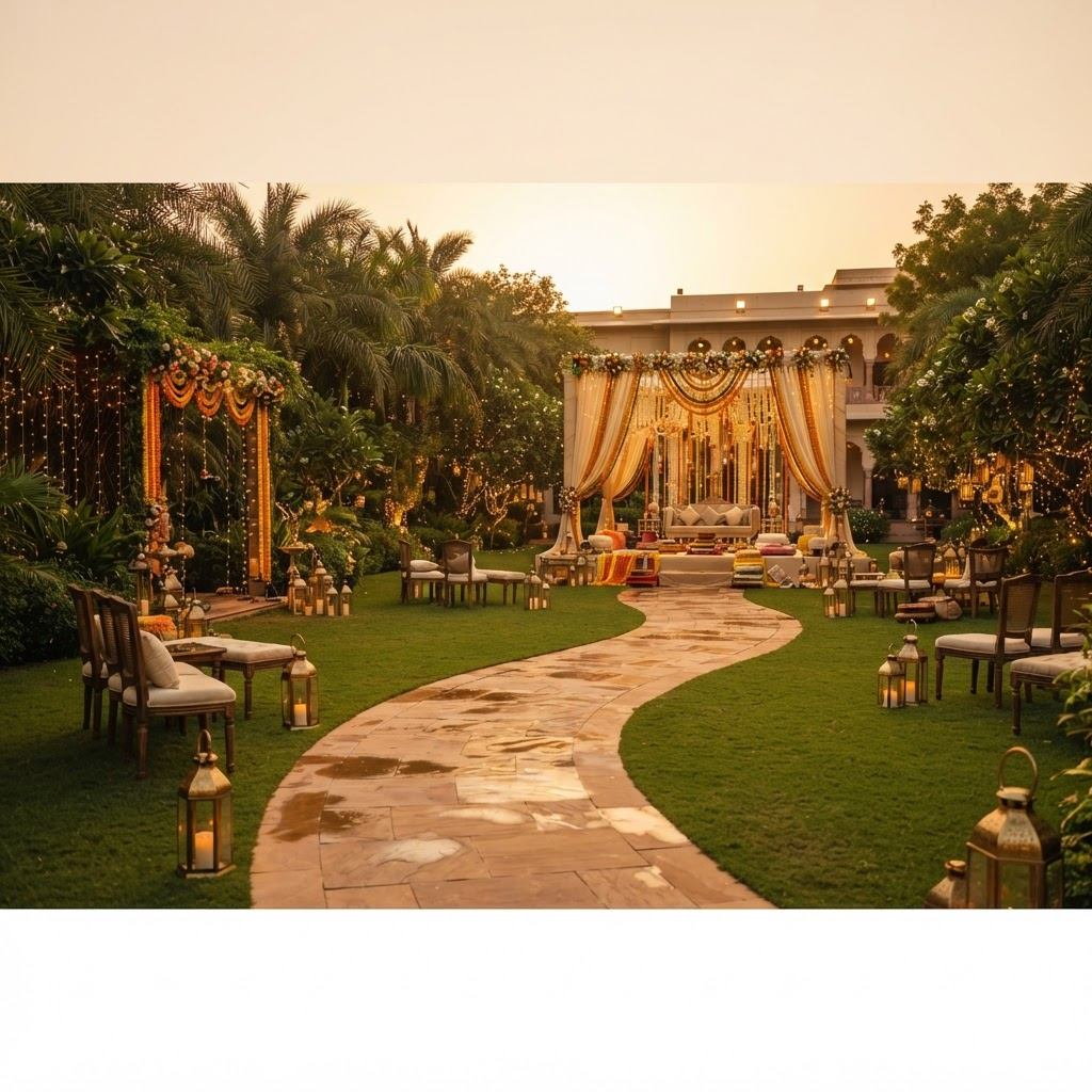 Landscaped outdoor lawn with warm string lights at dusk